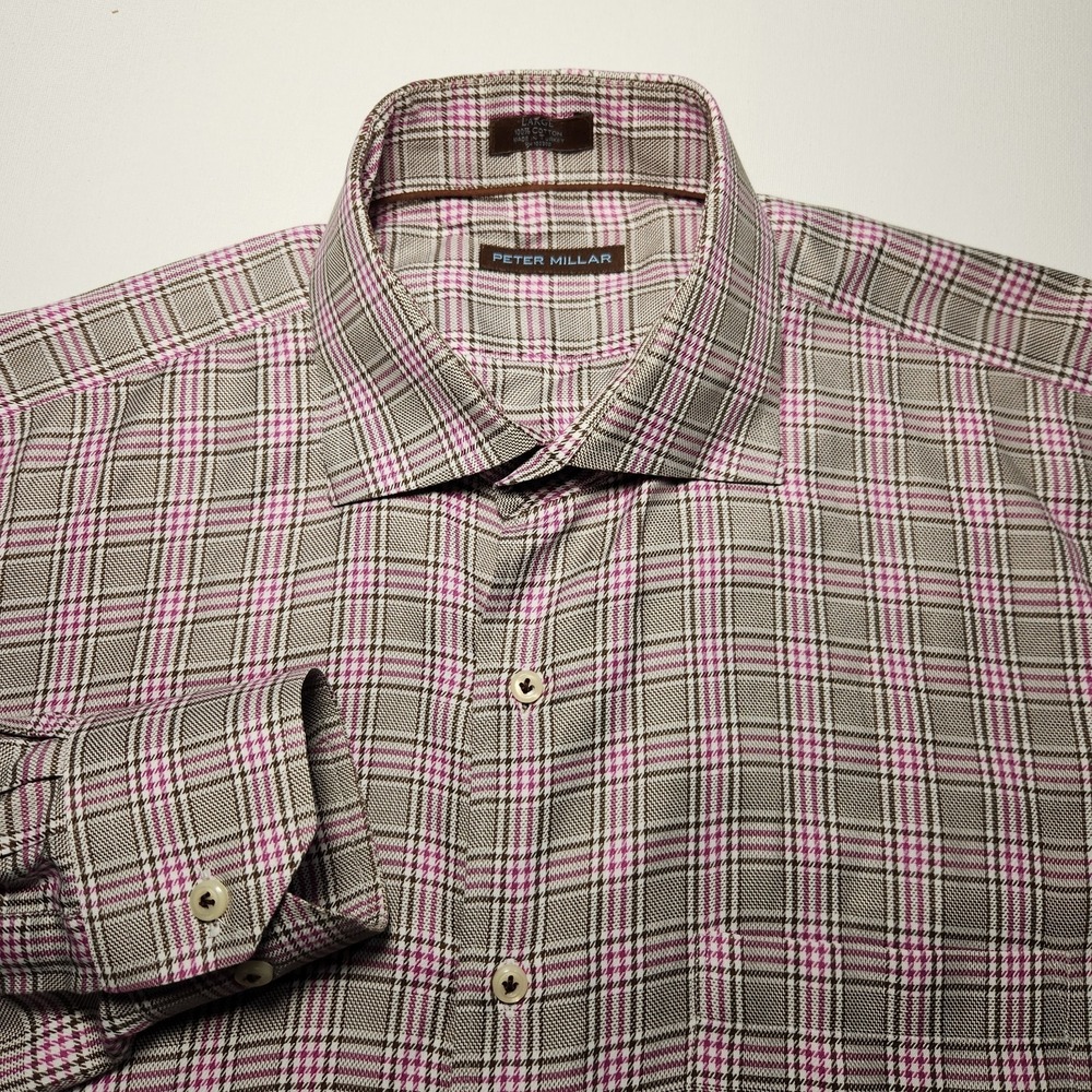 Peter Millar Mens Dress Shirt Size Large Brown/ Purple Plaid Button Down